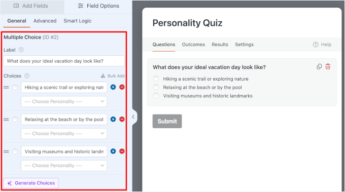 Adding questions and options to the multiple choice field Adding questions and options to the multiple choice field