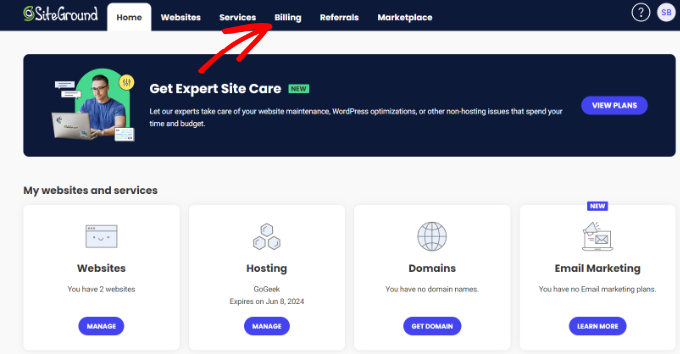 Go to SiteGround billing tab Go to SiteGround billing tab