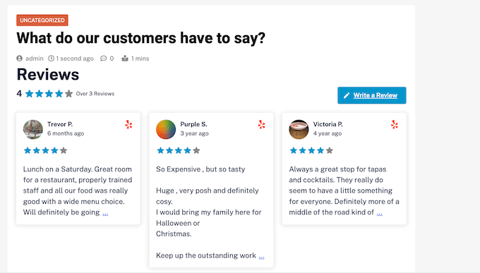 Customer reviews, displayed on a WordPress website Customer reviews, displayed on a WordPress website