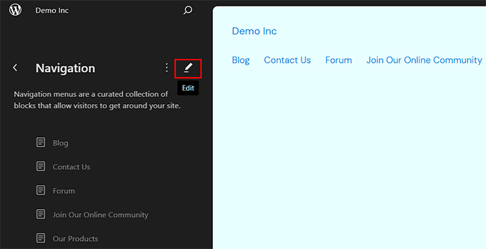 Click the Edit button to edit the navigation menu Click the Edit button to edit the navigation menu