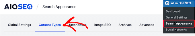 Go to AIOSEO search appearance and click content types Go to AIOSEO search appearance and click content types
