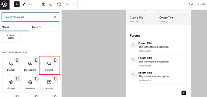 Add blocks to customize the app page in BuddyBoss App