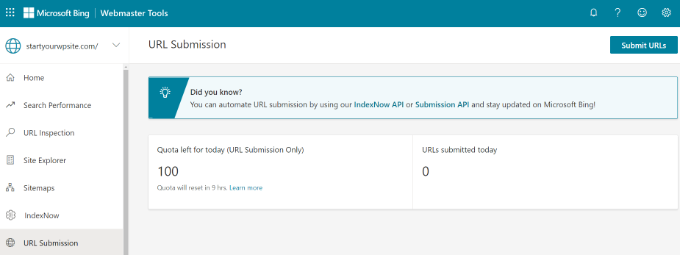 Submit URLs for indexing Submit URLs for indexing