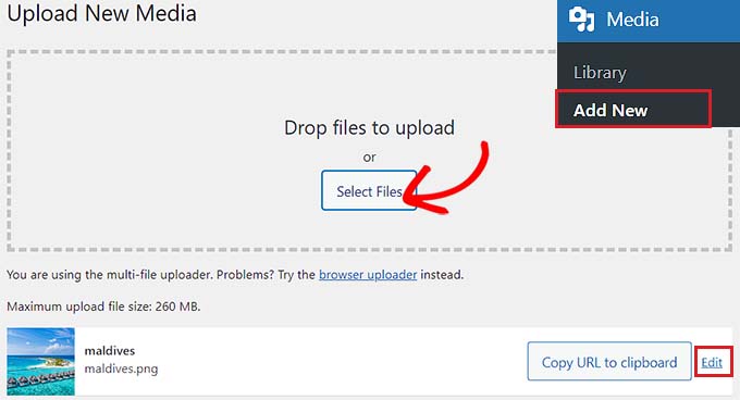 Add Image in the media library and click the Edit link Add Image in the media library and click the Edit link