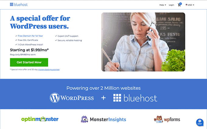 The BlueHost web hosting website The BlueHost web hosting website