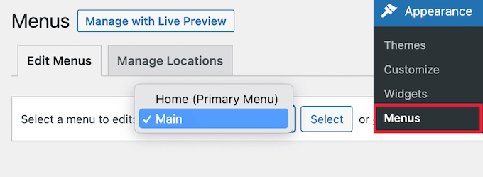 Select WordPress navigation menu Select WordPress navigation menu