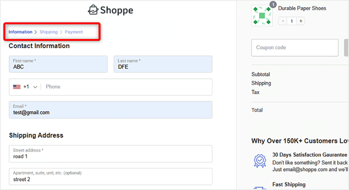 Example of progress indicator on checkout page