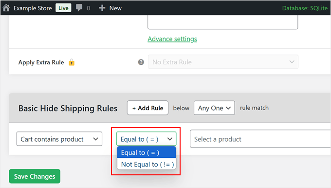 Choosing equal to or not equal to in the Hide Shipping for WooCommerce plugin Choosing equal to or not equal to in the Hide Shipping for WooCommerce plugin