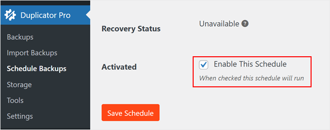 Saving a backup schedule in Duplicator Saving a backup schedule in Duplicator