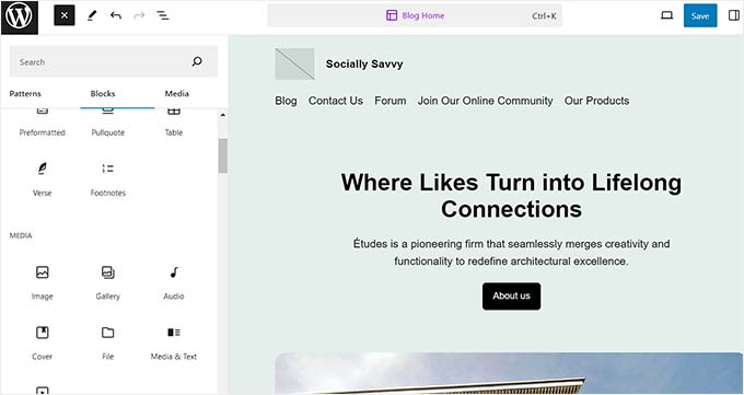 Choose a block theme for social media website Choose a block theme for social media website