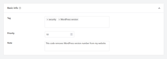 Add code description, tags, and priority in WPCode Add code description, tags, and priority in WPCode
