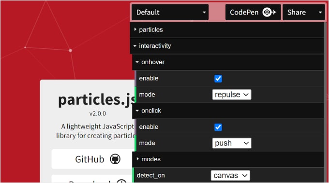 The particle interactivity settings in Vincent Garreau's website The particle interactivity settings in Vincent Garreau's website